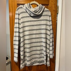 LOFT Light Gray & White Striped Cowl Neck Plush Pullover Sweater